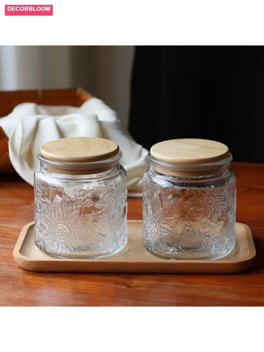 Set of 4 Vintage Glass Airtight Storage Jars with Bamboo Lids, 17 oz each